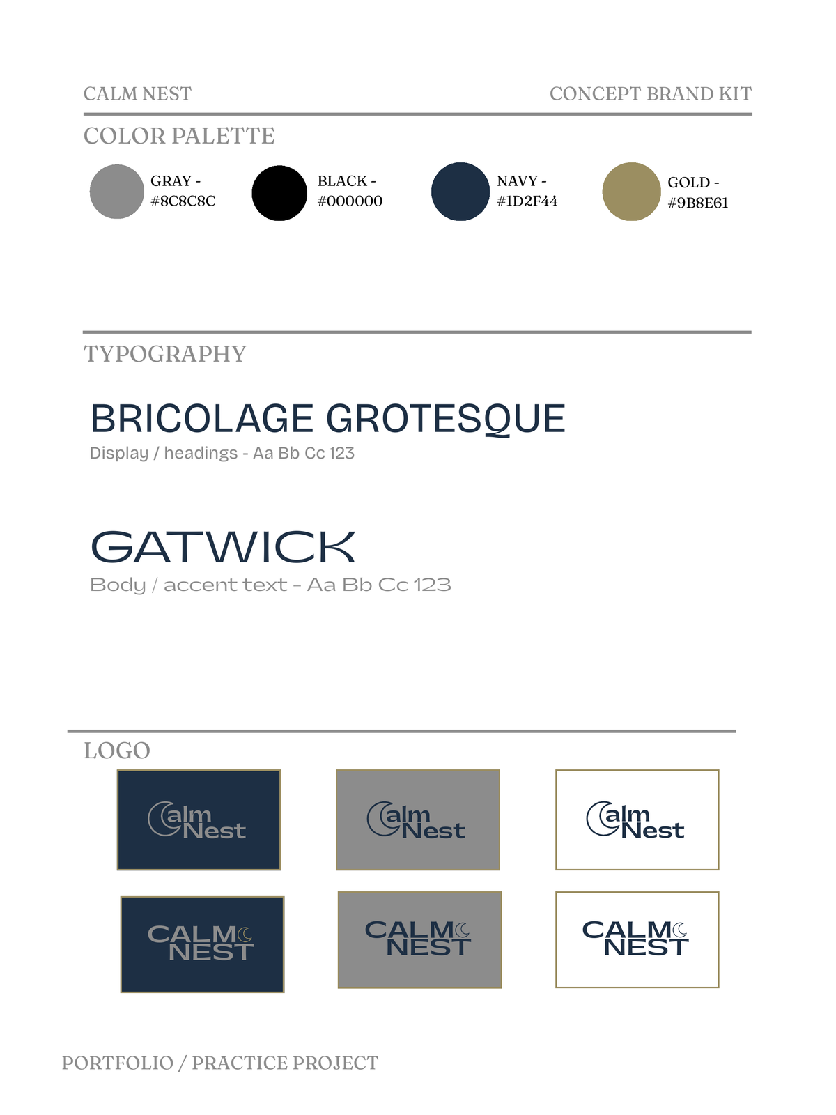 Calm Nest brand guidelines page — color palette, typography, and logo system