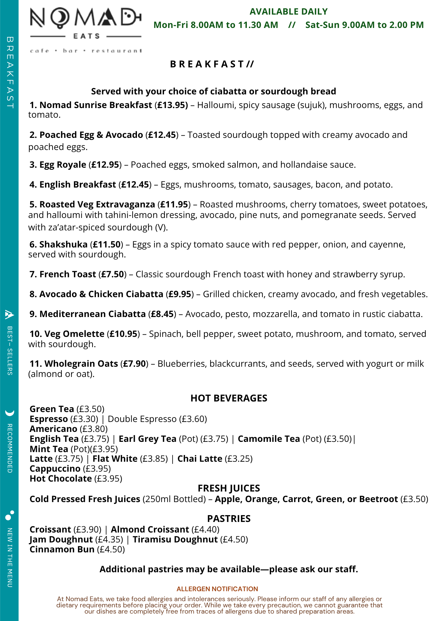 Breakfast menu design for Nomad Eats cafe, bar, and restaurant