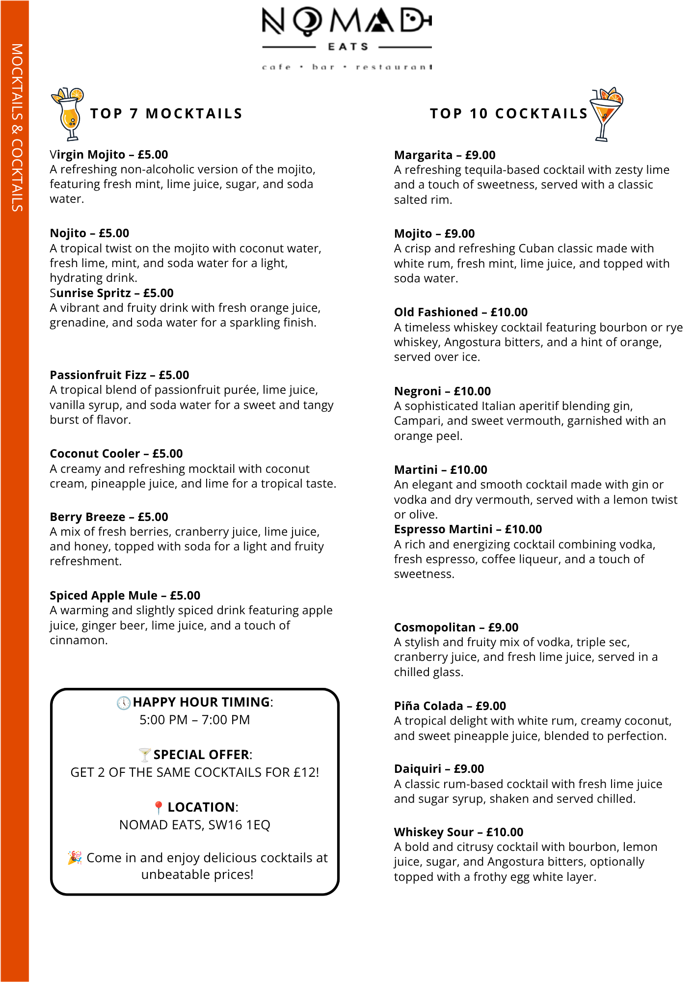 Mocktails and cocktails menu design for Nomad Eats cafe, bar, and restaurant