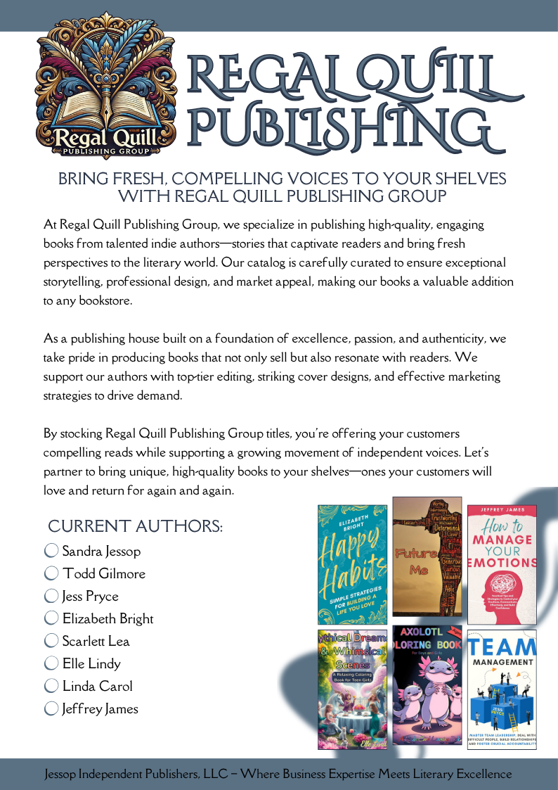 One-page promotional flyer for Regal Quill Publishing Group, listing current authors and titles