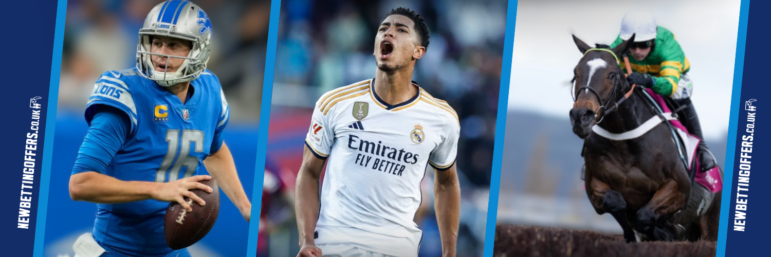 Twitter banner graphic for a sports betting client featuring football, soccer, and horse racing