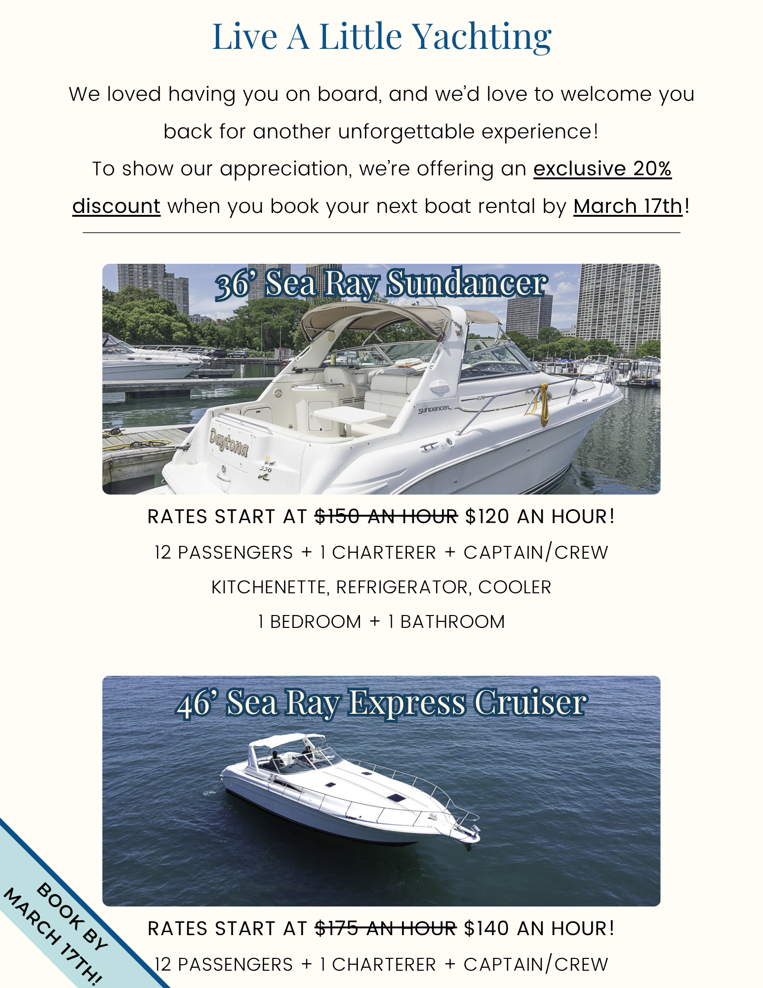 First page of a two-page email newsletter for a yacht rental company, featuring a welcome-back offer and boat listings