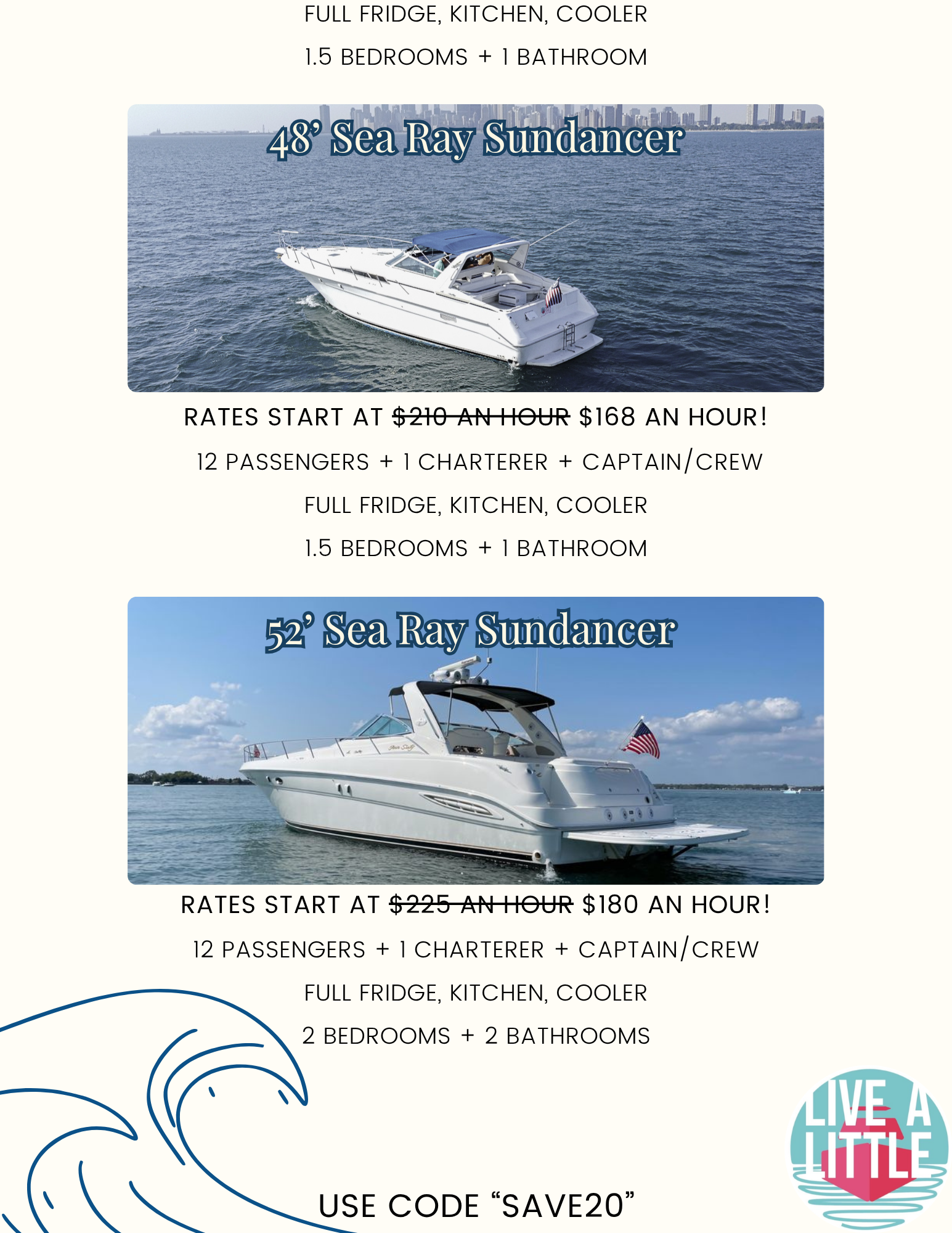 Second page of the yacht rental email newsletter, featuring additional boat listings and rates