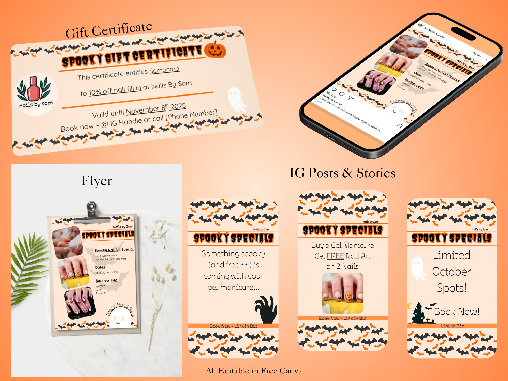 Spooky Specials Halloween promo pack for Nails by Sam — gift certificate, flyer, and Instagram post and story templates