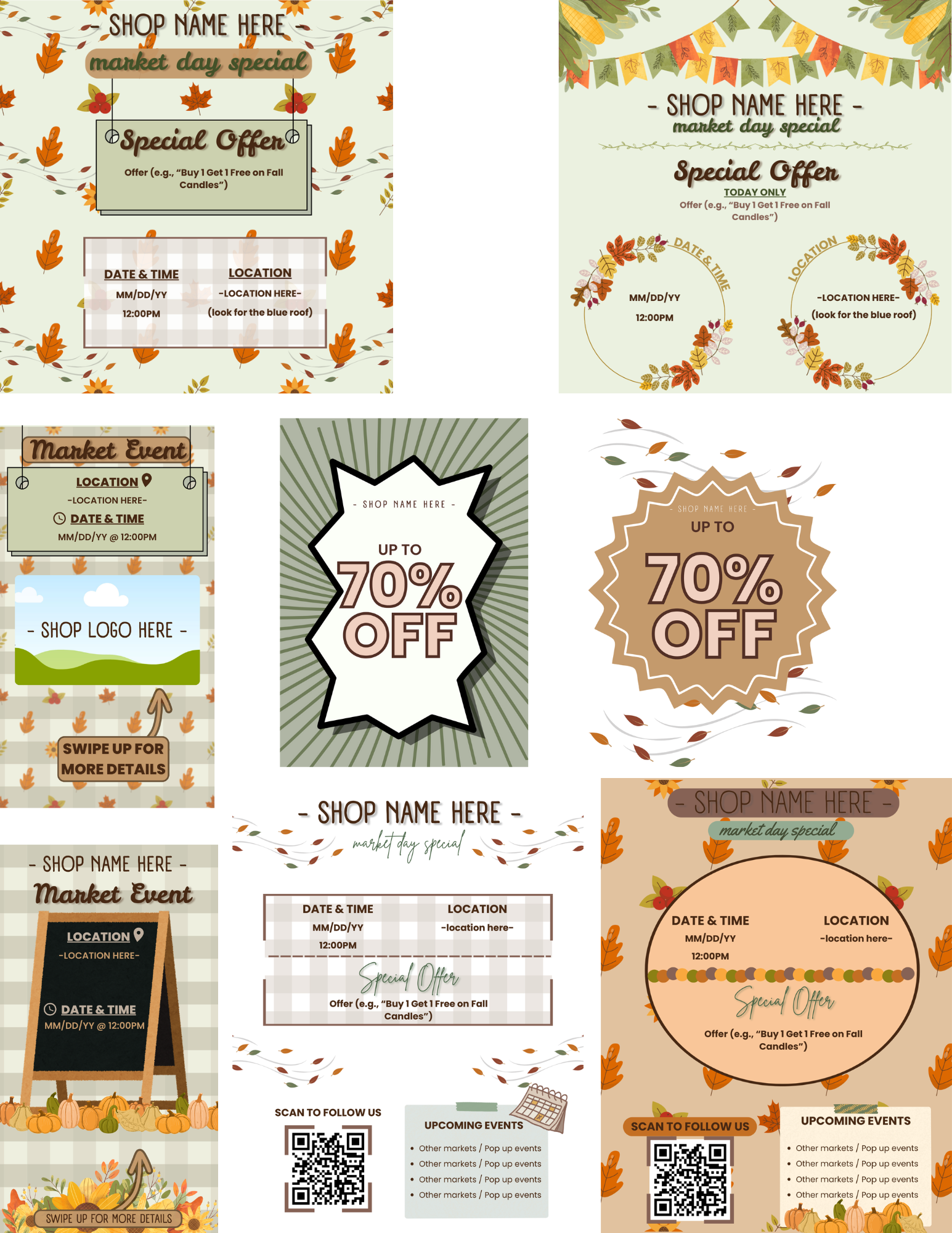 Fall market vendor promo templates — special offer cards, event signage, and discount graphics