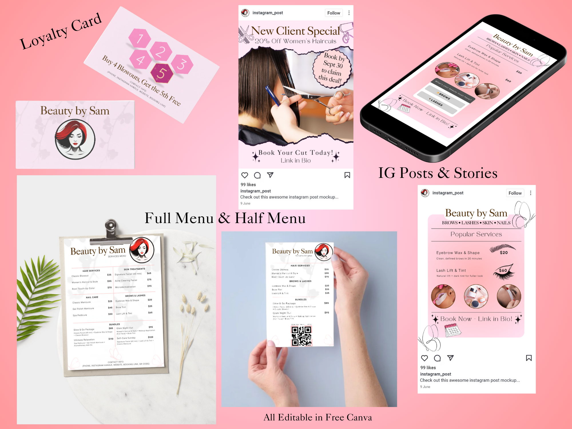 Beauty by Sam salon branding kit — logo, loyalty card, service menu, and Instagram templates